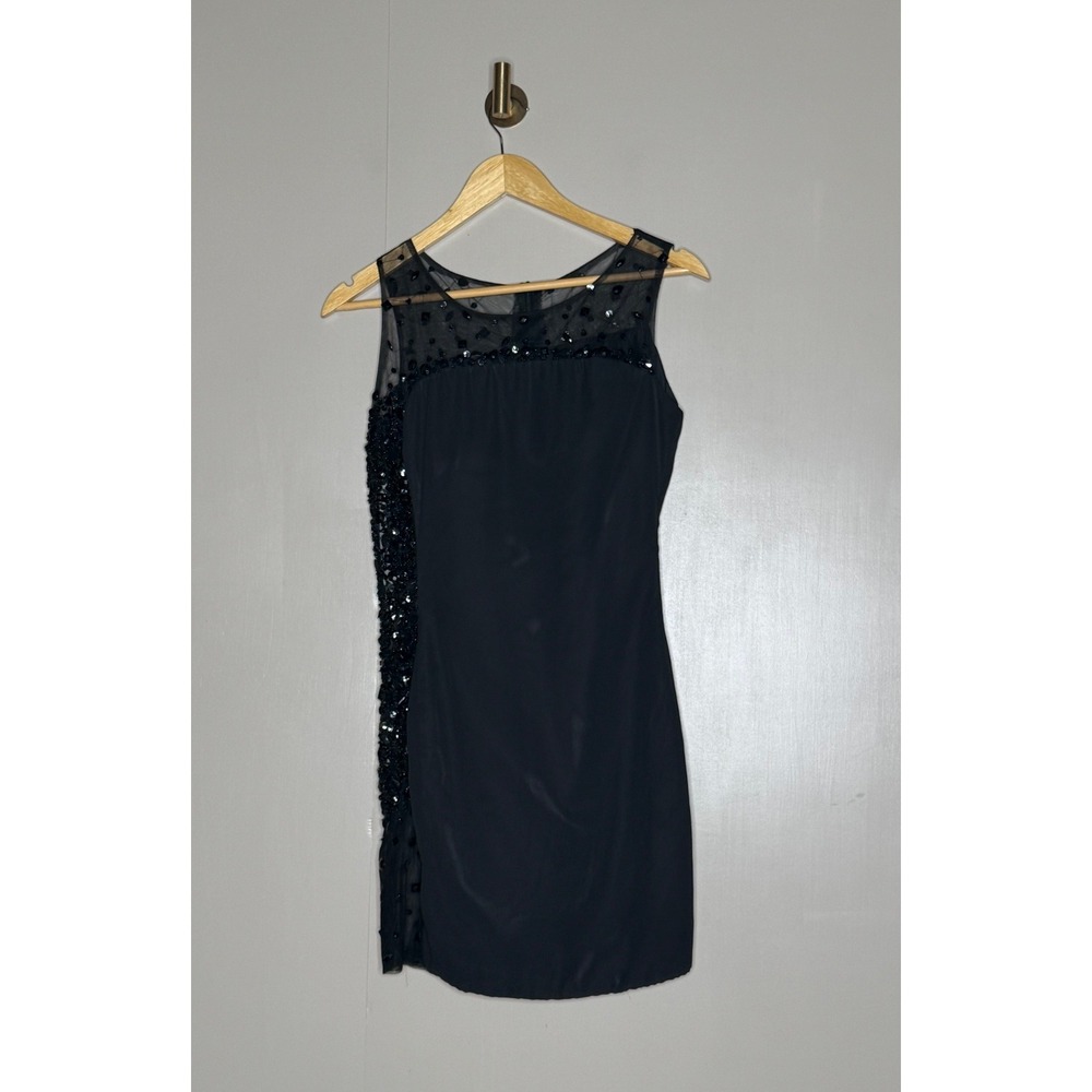 Black Beaded Mini Dress Womens Sequin Mesh Cocktail Party Sleeveless